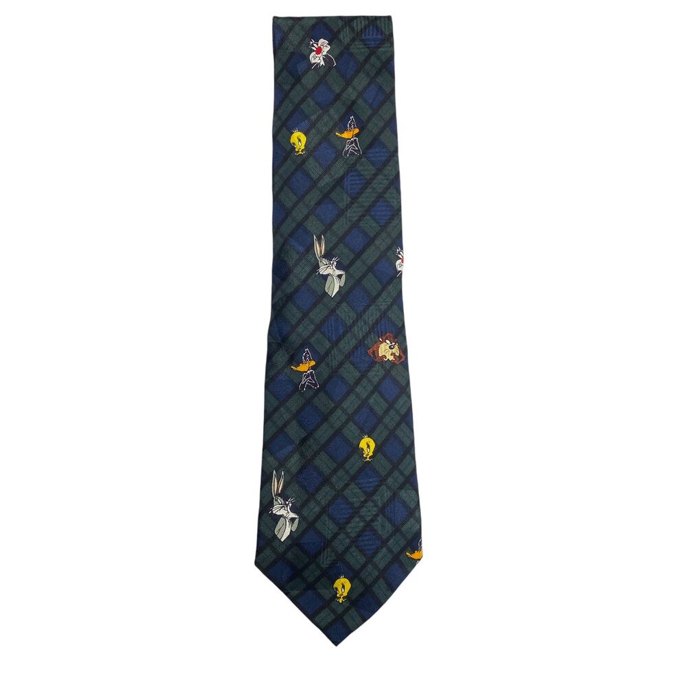 Vintage Looney Tunes Mens Tartan Plaid Character Print Neck Tie